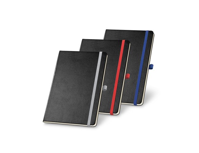 Caderno capa dura. Com porta esferogrfica, bolso interior e 80 folhas