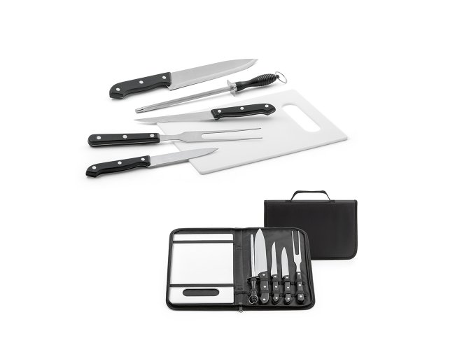 Kit churrasco. Ao inox e PP. Tbua e 5 peas em estojo de 210D. Food g